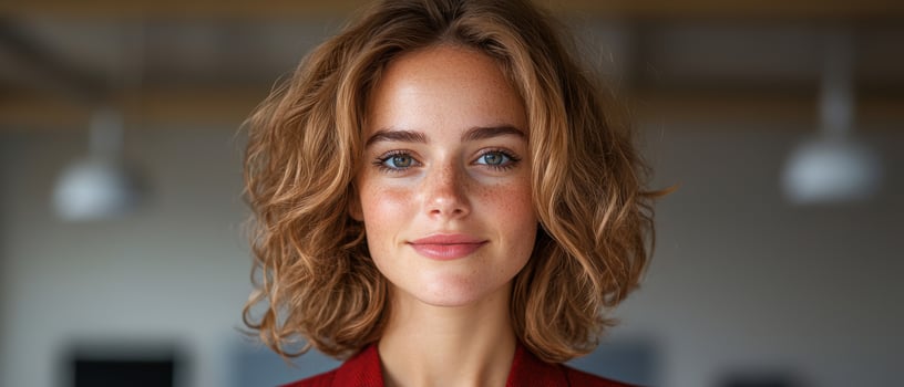 A young woman with freckles and wavy hair photo