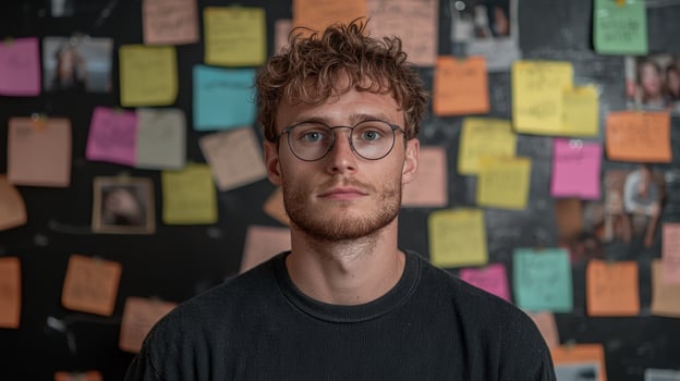Young man with curly hair and glasses looking at the camera photo