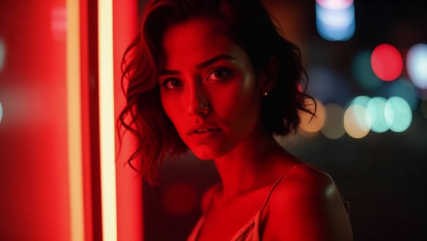 A woman in front of a red neon sign photo