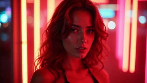 A woman in a red dress standing in front of neon lights photo