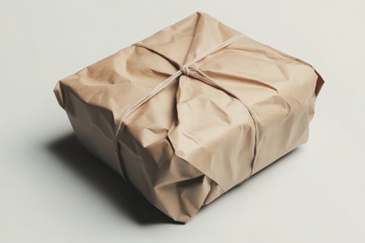 Brown Paper Package Tied with String on Neutral Background photo