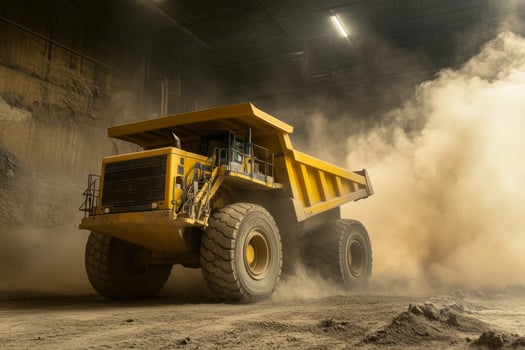 Massive Yellow Dump Truck in Dusty Industrial Warehouse photo