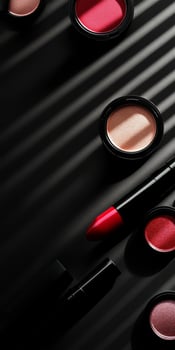 A collection of makeup products including lipsticks, eyeshadows photo