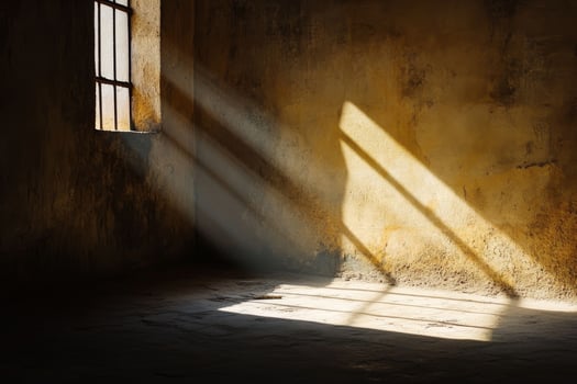 Sunlight Streaming Through Window Casting Shadows on Rustic Wall in Abandoned Building Interior photo