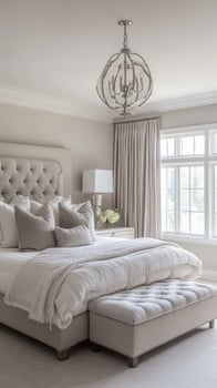 Elegant Neutral-Toned Bedroom with Luxurious Bedding and Large Window Allowing Natural Light photo