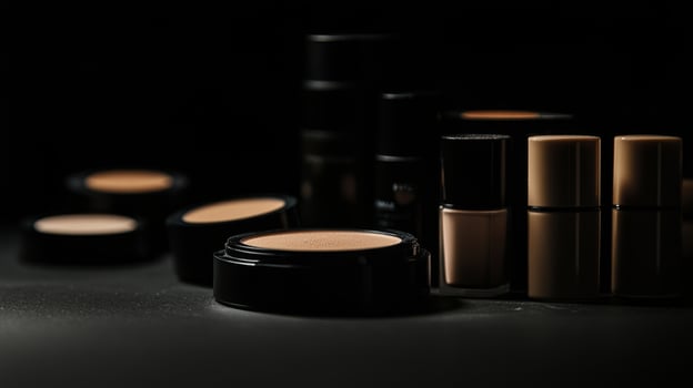 Dark, high-contrast silhouette of compact powder and foundation bottles. photo
