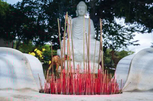 a bowl of incense on the background of a white Buddha in foliage at the Da Nang pagoda Linh ung photo
