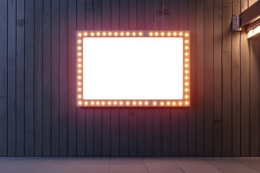 Illuminated Blank Billboard on Dark Wooden Wall for Advertising and Promotions in Urban Settings photo