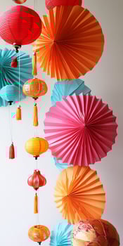 Vibrant Paper Lanterns and Fans in Bright Colors Hanging Against a White Wall photo
