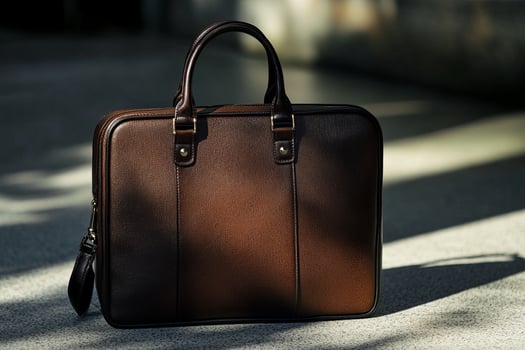 A brown leather briefcase with a brown handle photo