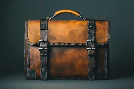 A brown leather briefcase with a black strap photo