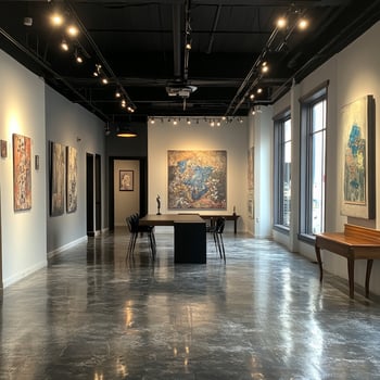 A spacious modern art gallery featuring striking abstract paintings, elegant lighting, and stylish decor, creating an inviting atmosphere for art enthusiasts. photo