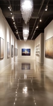 Elegant Gallery Space with Balanced Light and Art Displays photo