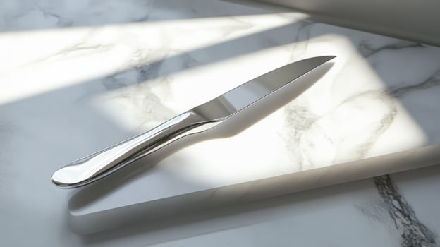 A stunning sharp knife rests on a pristine white surface, illuminated by brilliant light. This image captures elegance and modern design in a kitchen setting. photo