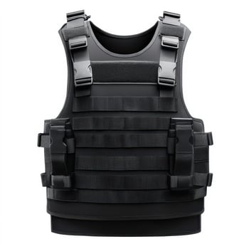 Tactical black vest designed for protection and gear storage with adjustable straps and durable materials photo
