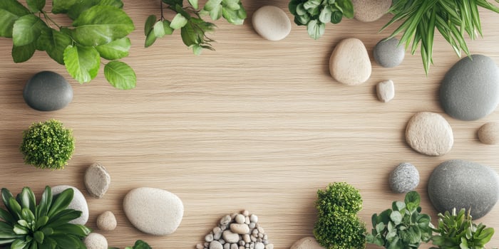A serene arrangement of green plants and smooth stones on a wooden surface, perfect for a calming and natural background. photo