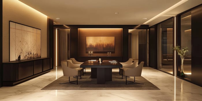 A large room with a wooden table and chairs photo