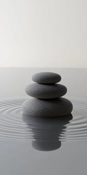 Zen Stones Balancing on Water Surface Creating Ripples in a Minimalist and Serene Environment photo