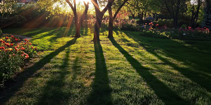 Sunlit Garden with Lush Green Grass and Colorful Flowers in a Tranquil Park photo