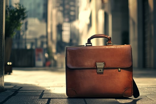 A brown leather briefcase is sitting on the sidewalk photo