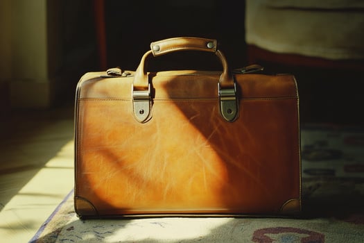A brown leather briefcase is sitting on a rug photo