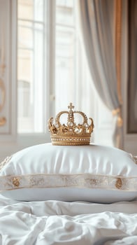 Elegant Golden Crown Resting on Luxurious Pillow in Opulent Room photo