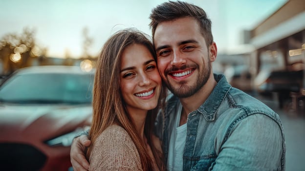 A couple smiling in front of a car dealership photo