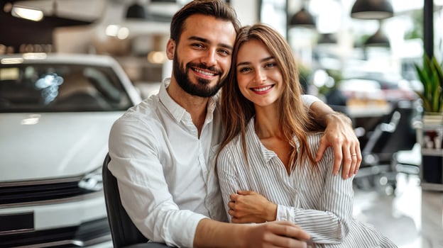 A couple sitting in front of a car in a dealership photo
