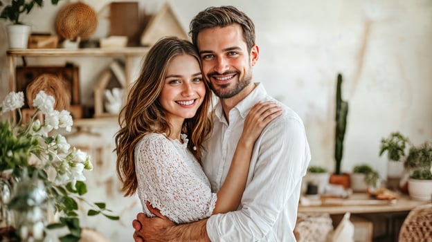 A man and woman are hugging in front of a plant shelf photo