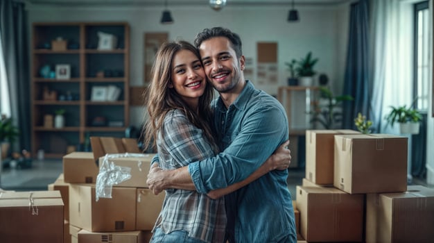 A couple embracing in front of boxes in a new home photo