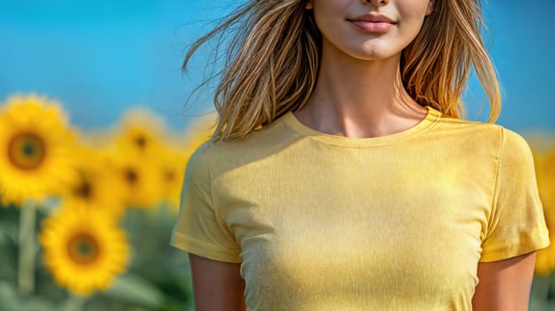 A woman in a yellow shirt standing in front of sunflowers photo
