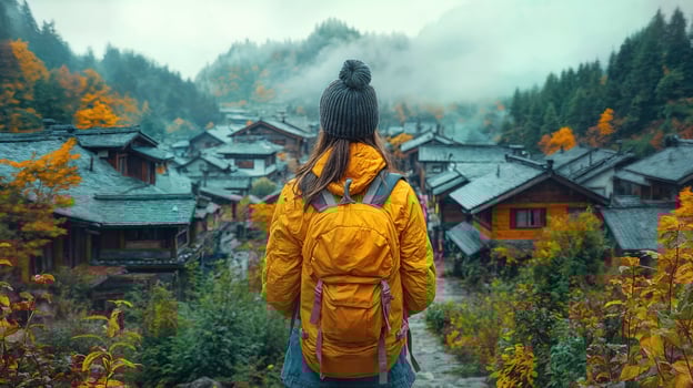 A woman with a yellow backpack standing in front of a village photo