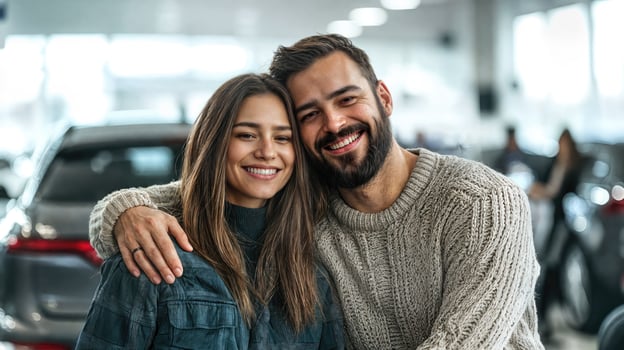 A couple smiling in front of a car dealership photo