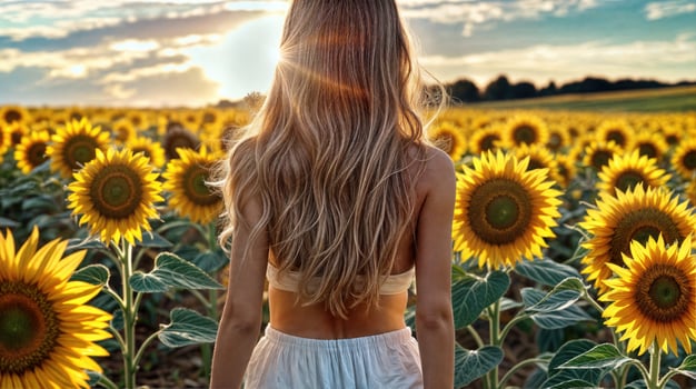 A woman standing in a field of sunflowers photo