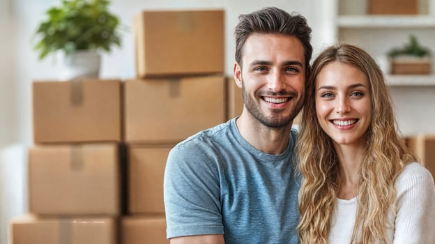 A young couple smiling in front of boxes photo