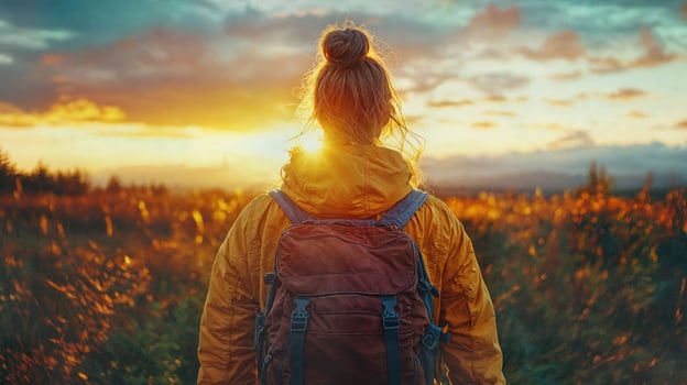 A woman with a backpack standing in a field at sunset photo
