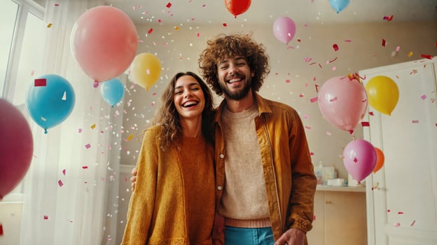 Happy couple with balloons in the air photo