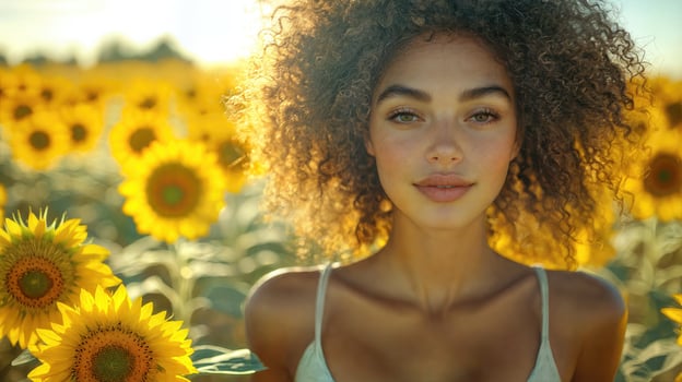 Beautiful african american woman in sunflower field photo