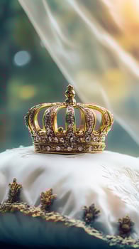 Elegant golden crown resting on luxurious satin pillow with jewels photo
