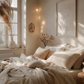 Cozy Sunlit Bedroom with Neutral Tones and Soft Textures photo