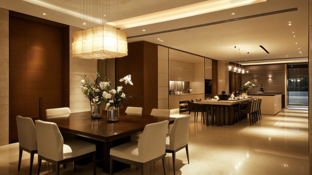 Luxurious Modern Dining and Kitchen Area with Elegant Lighting photo