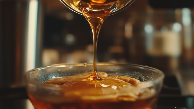 Pouring Honey Over Delicious Pancakes in Close-Up View photo