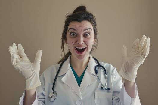 Excited doctor with stethoscope wearing gloves in hospital room photo
