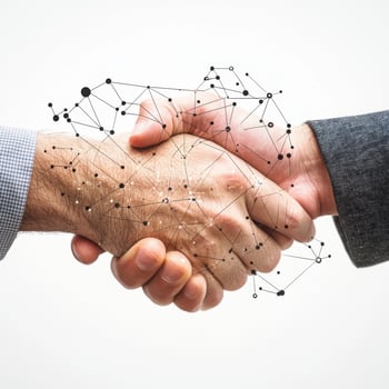 Professionals engage in handshake symbolizing partnership and collaboration with digital elements enhancing the interaction photo