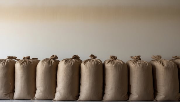 Weathered jute grain sacks lined up in a row, exuding rustic authenticity and depicting the timeless beauty of a bountiful harvest setting. photo