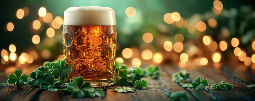 Festive beer on a wooden table with clovers and warm bokeh lights in a cozy atmosphere photo