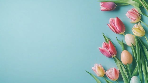 Colorful spring flowers and decorative eggs on a blue background showcasing a festive atmosphere photo