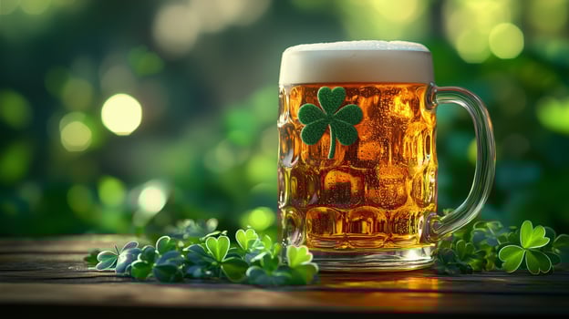 Refreshing beer served in a glass with clover decoration placed on a wooden table in a lush garden photo