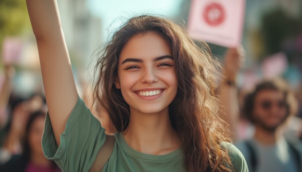 Cheerful young woman raises hand during rally, promoting social change in urban area amidst vibrant crowd photo