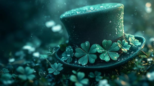 Green top hat adorned with clovers resting in a bed of dew-covered leaves at dawn photo